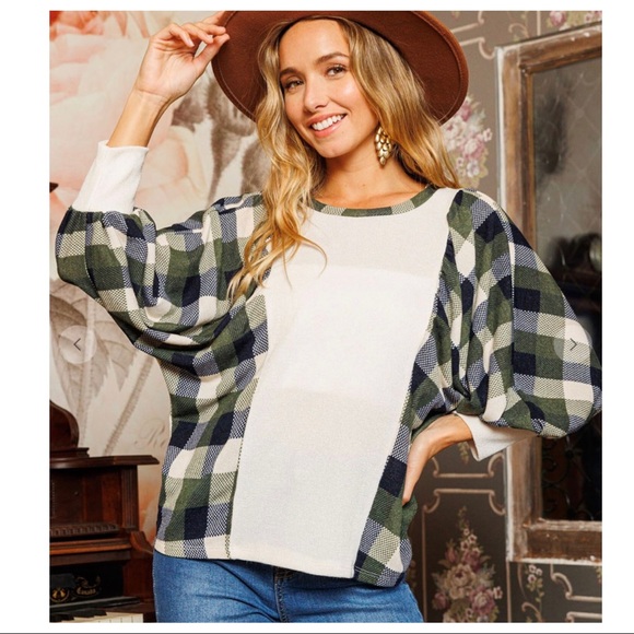 Boho Check Pattern Color Block Balloon Sleeve Top - Picture 3 of 5
